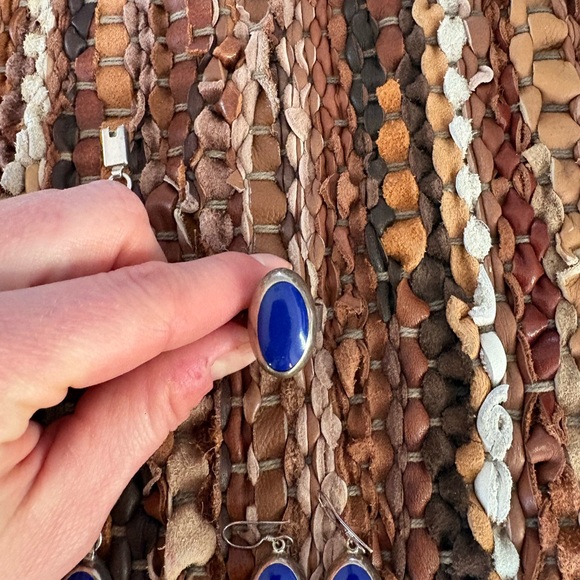 Sterling Silver Taxco Mexico 925 Lapis Cabochon Bracelet, Ring, Earrings Set - Picture 4 of 13